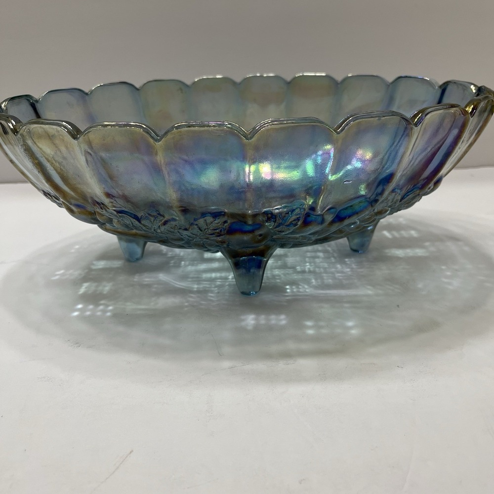 Indiana Glass Iridescent Blue Harvest Carnival Grape Fruit Bowl Footed Vintage